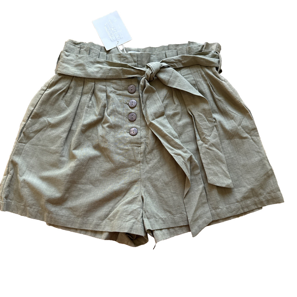 MINKPINK High Waisted Belted Pleat Cotton Shorts Green Khaki Women L NWT Coastal
